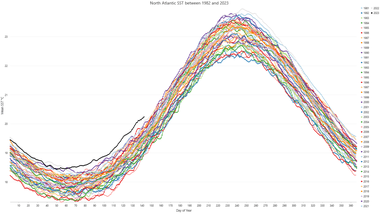 North Atlantic Ocean annual sea surface temperature changes between 1981 and 2023.