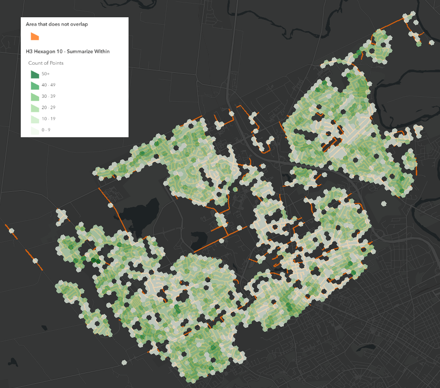 Overlay of H3 hexagon summarize within over an orange version of the roads summarize nearby layer. Overlay of H3 hexagon summarize within over an orange version of the roads summarize nearby layer.