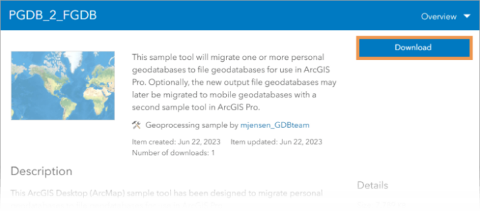Download button located on the Migrate Personal Geodatabases to File Geodatabases sample geoprocessing tool.