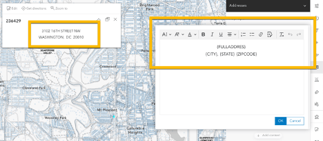 Screenshots of pop-up configuration in Map Viewer