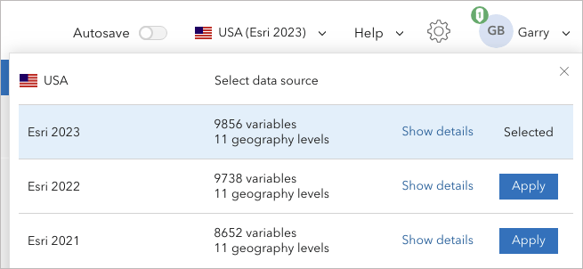 Country switcher showing data sources