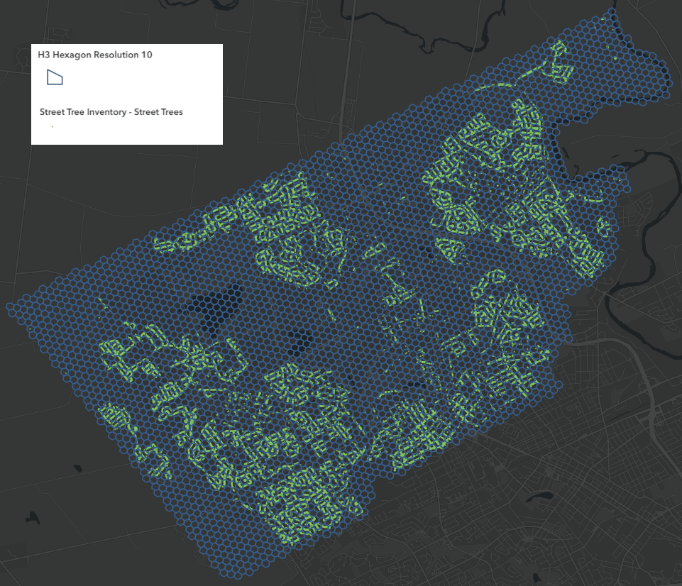 H3 hexagons over the street tree inventory points H3 hexagons over the street tree inventory points