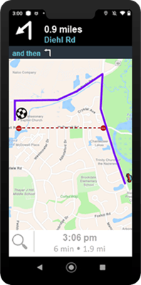 Smartphone opened to a GPS navigation app with route shown in purple and a dashed red line and red no-entry symbols indicating a road closure.
