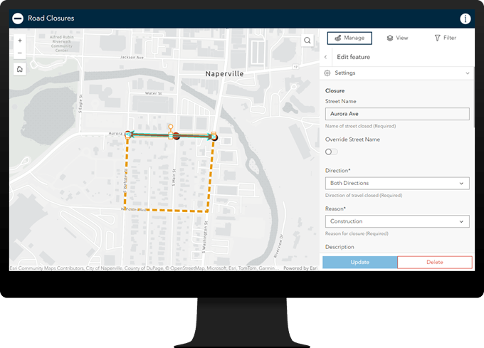 Computer monitor showing map on the left and a form for creating a road closure on the right.