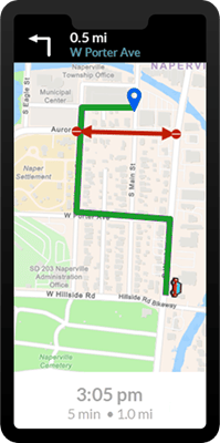 Smartphone opened to a GPS navigation app with route shown in green and a red line with arrows indicating a road closure.