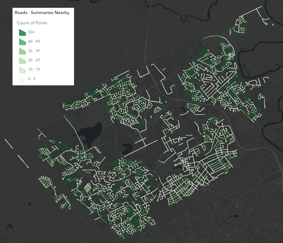 Summarize nearby output of street trees within 16m of roads with dark gray and green symbology. Summarize nearby output of street trees within 16m of roads with dark gray and green symbology.