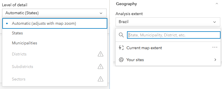 The Level of Detail and Geographic Analysis Extent Pulldowns