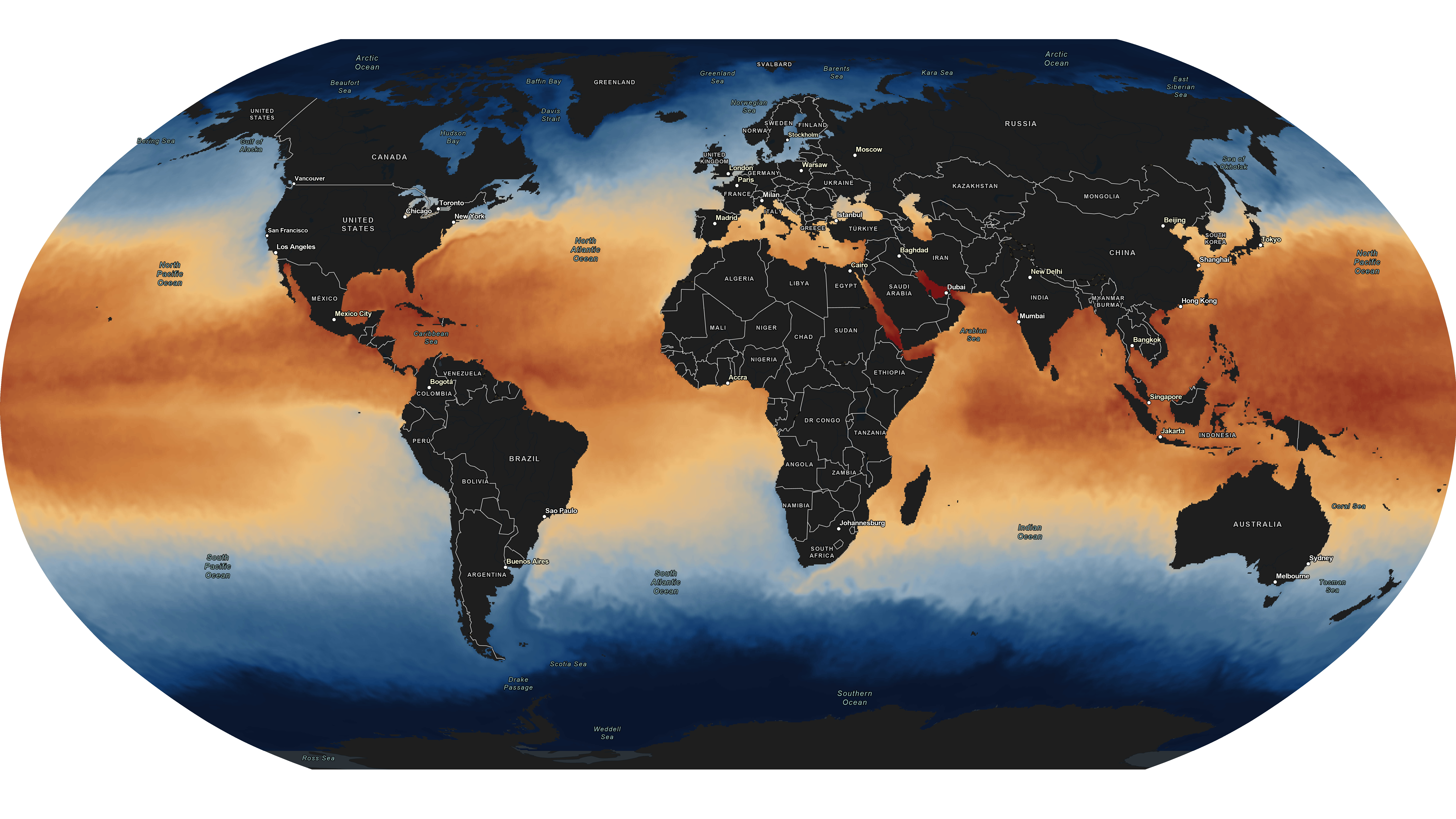 Global sea surface temperature detected daily from satellites.