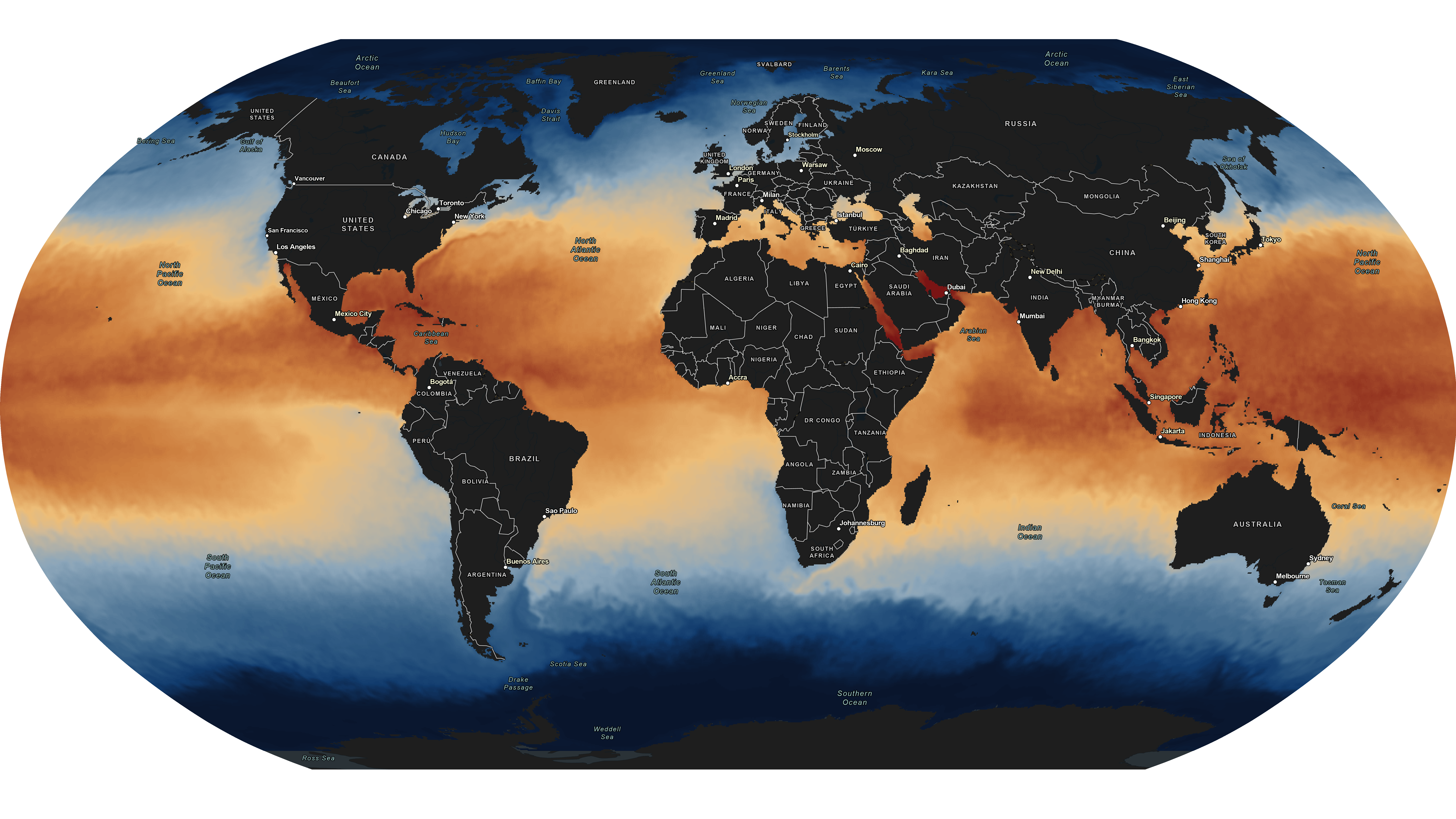 Global sea surface temperature detected daily from satellites. Global sea surface temperature detected daily from satellites.