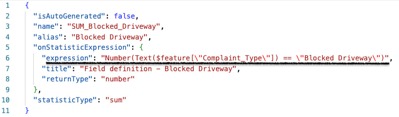 Aggregate field calculated for use in a cluster's pie chart. The expression here evaluates for all features in the cluster. If the complaint type is "Blocked Driveway", the expression returns 1 for the feature. All values are summed resulting in the total count of blocked driveway complaints within the cluster.