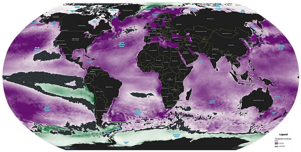 Areas of significant temperature change from 1981 to 2023. Areas of significant temperature change from 1981 to 2023.