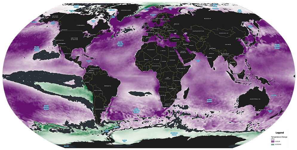 Areas of significant temperature change from 1981 to 2023.