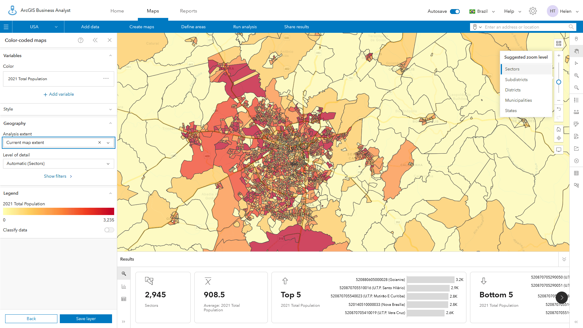 Detailed population for part of the State of Goiás around Brasilia.