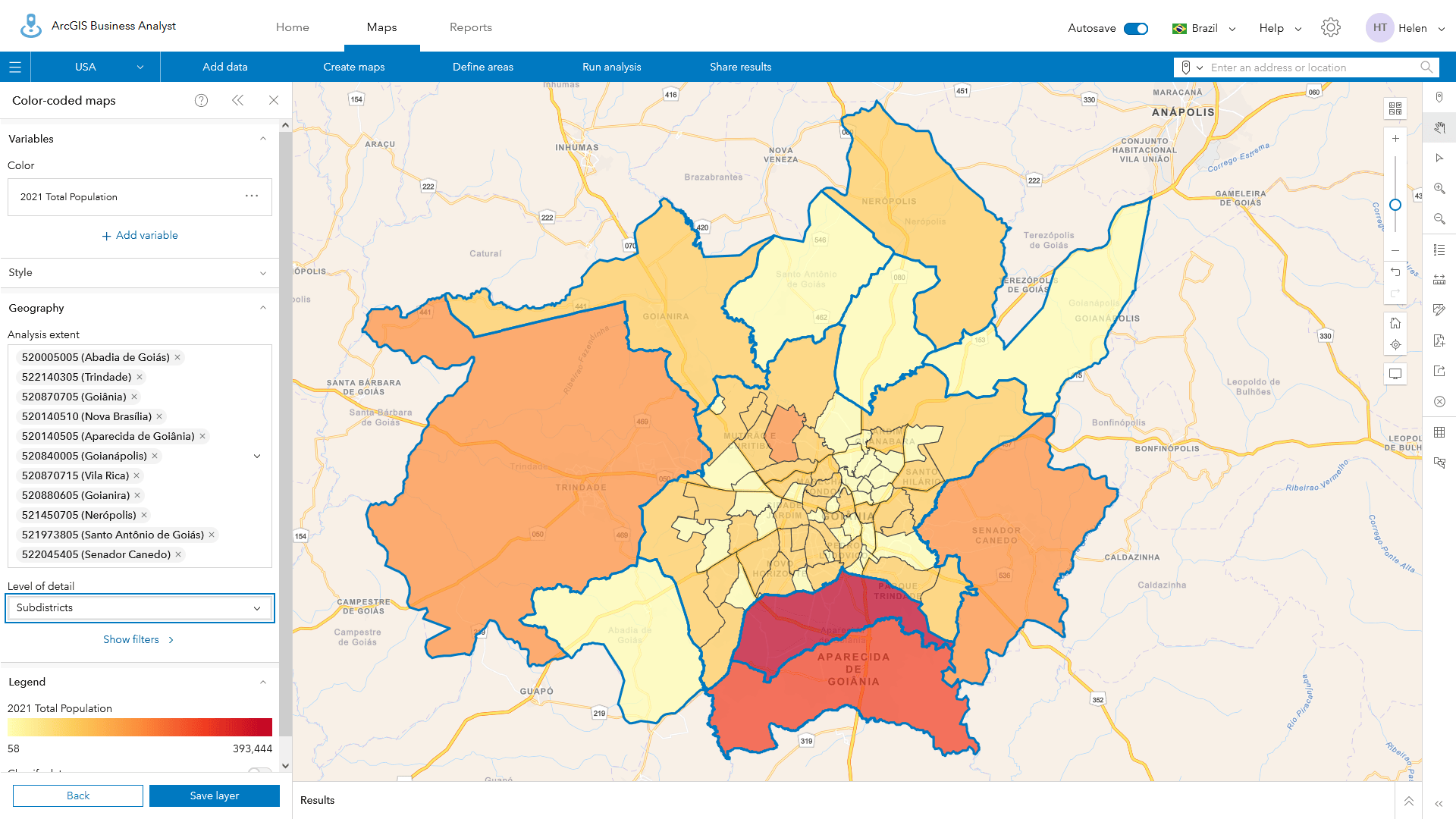 District level population for 11 districts around Brasilia.