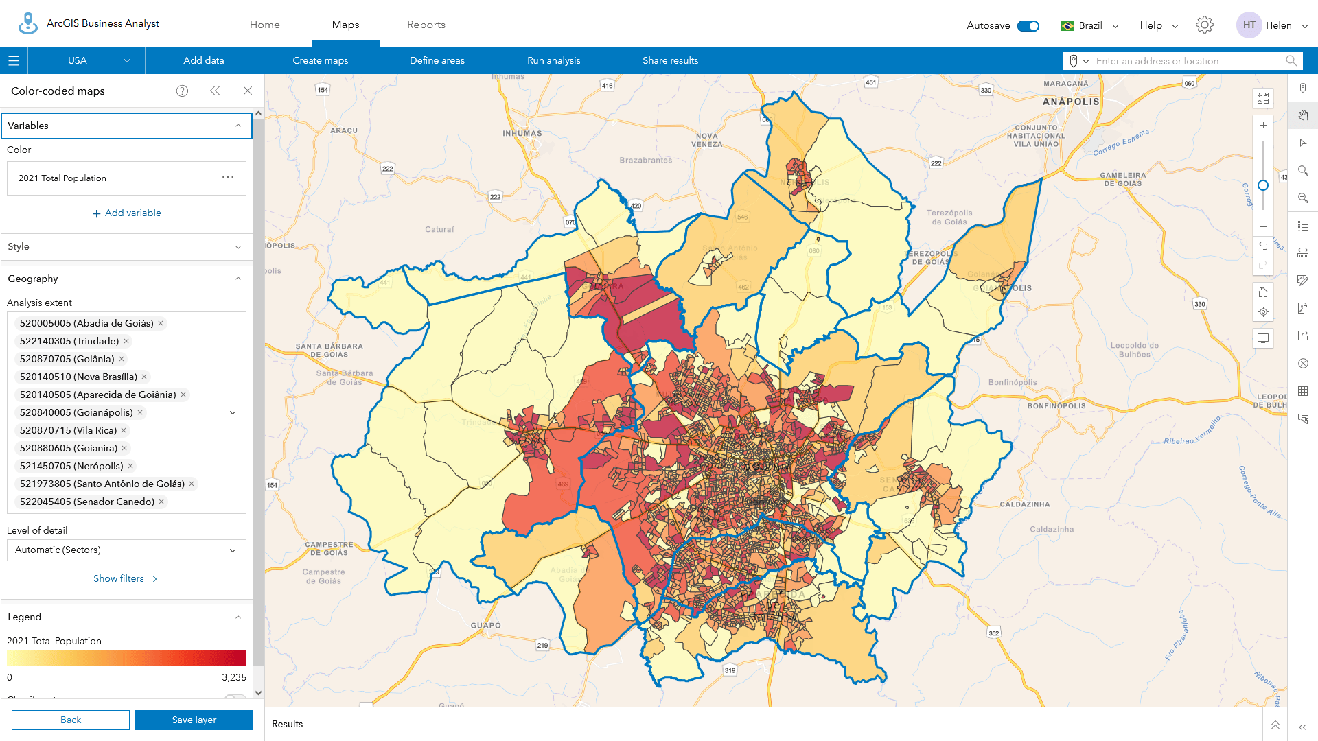 Sector level population for 11 districts around Brasilia.