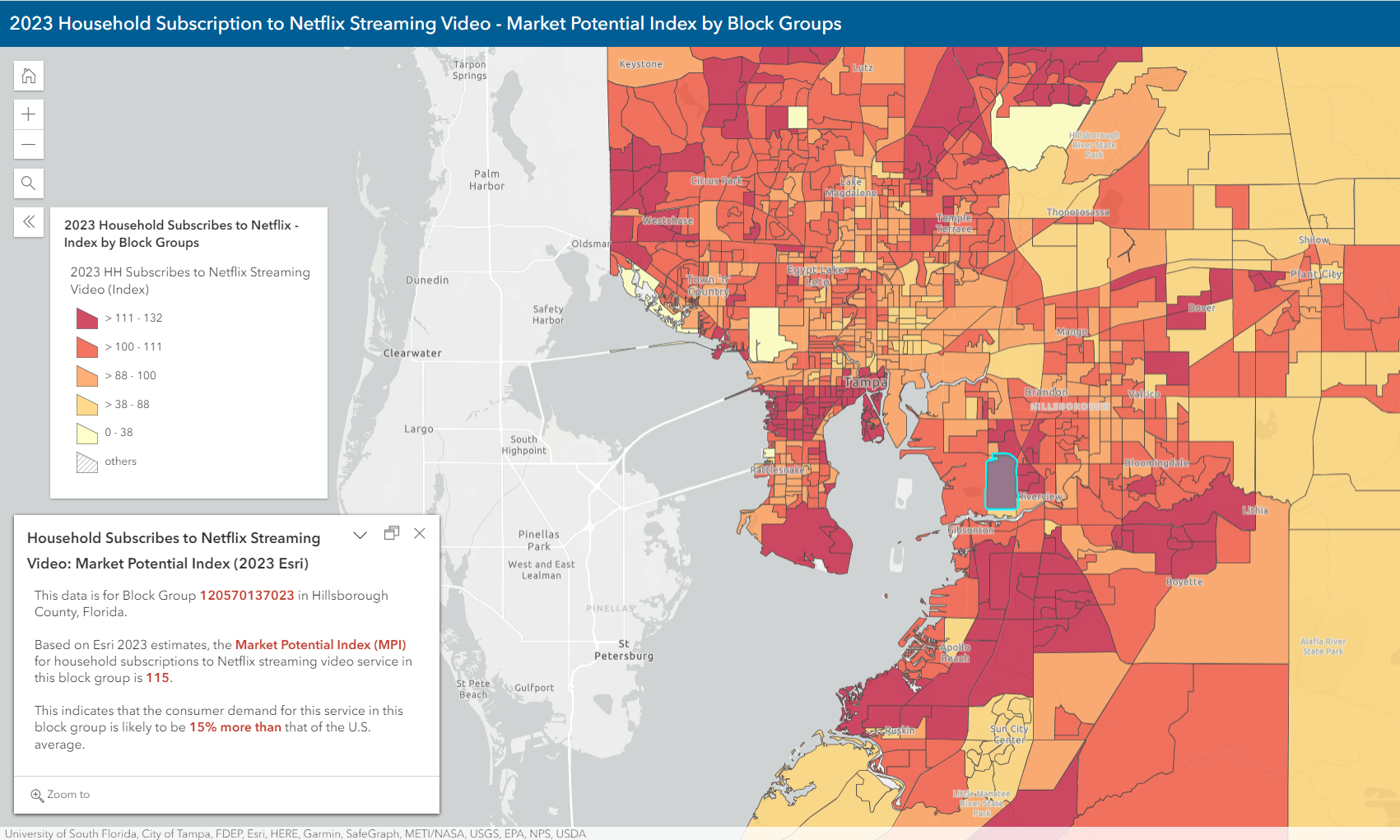 Color-coded map visualizing Market Potential Index values for household subscriptions to Netflix streaming video services in 2023