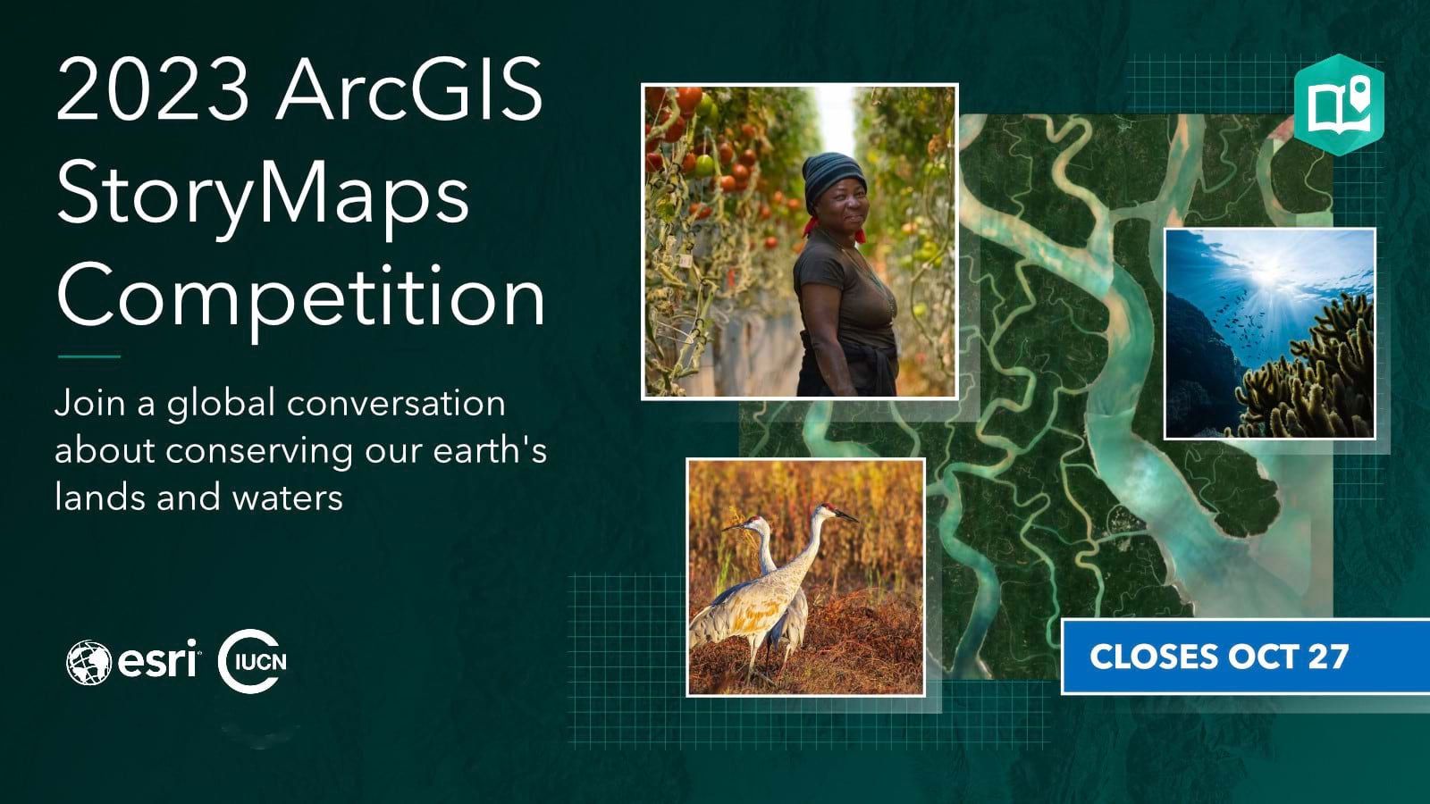 Social media image for the 2023 ArcGIS StoryMaps Compeition that closes on October 27, 2023