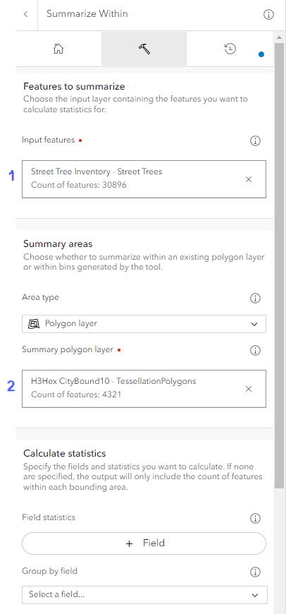Summarize within tool populated with street tree inventory and H3 hexagon layers Summarize within tool populated with street tree inventory and H3 hexagon layers