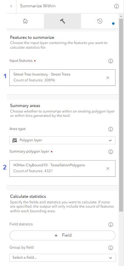 Summarize within tool populated with street tree inventory and H3 hexagon layers