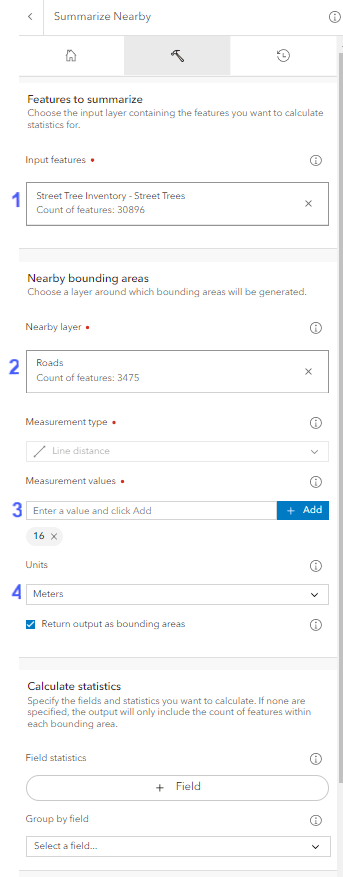 Summarize Nearby tool creating 16m buffer around the Roads polygon to summarize street tree points in Summarize Nearby tool creating 16m buffer around the Roads polygon to summarize street tree points in