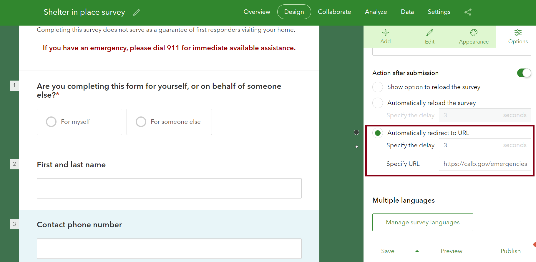 This image shows how to configure URL redirects in the Survey123 web designer This image shows how to configure URL redirects in the Survey123 web designer
