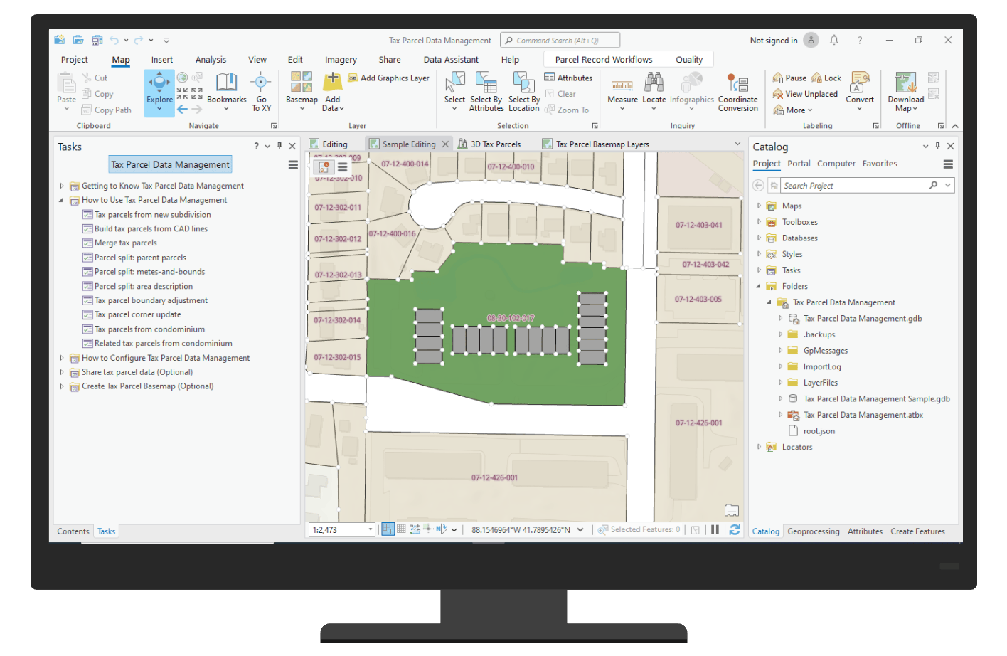 Tax Parcel Data Management ArcGIS Pro project tasks and editing map