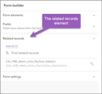 The new related records element inside of Form Builder in Map Viewer