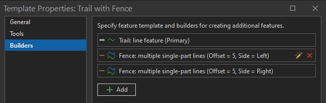 Example group template consisting of a primary line feature template and two additional line feature templates to create features offset by five feet on either side of the primary line feature. Example group template consisting of a primary line feature template and two additional line feature templates to create features offset by five feet on either side of the primary line feature.
