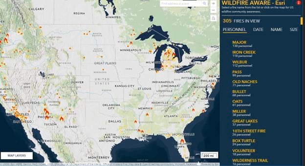 The Wildfire Aware web application showing wildfires across the United States. The Wildfire Aware web application showing wildfires across the United States.