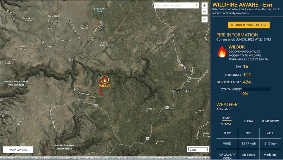 The Wildfire Aware application showing specific details about a single wildfire as well as weather conditions in the area.