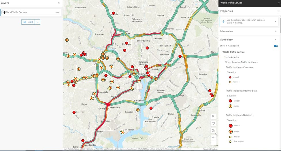 A map showing traffic density from the World Traffic Service.