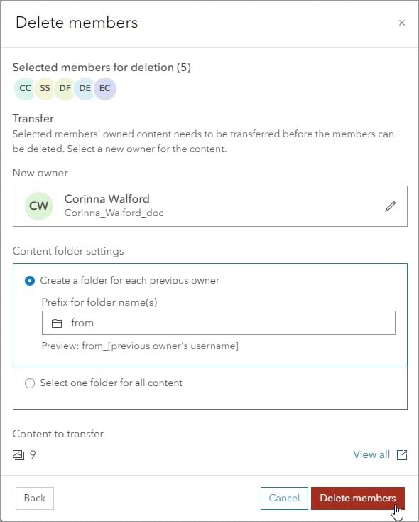 Delete members window with content owner and default folder option specified