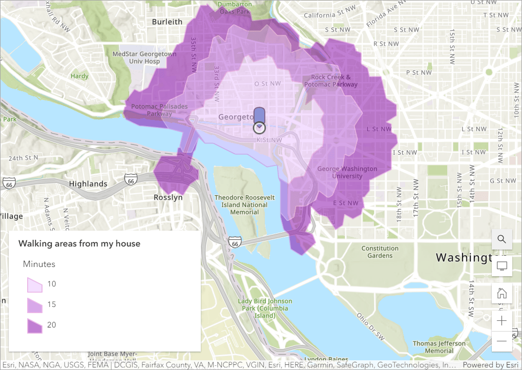 Map with three walk-time areas