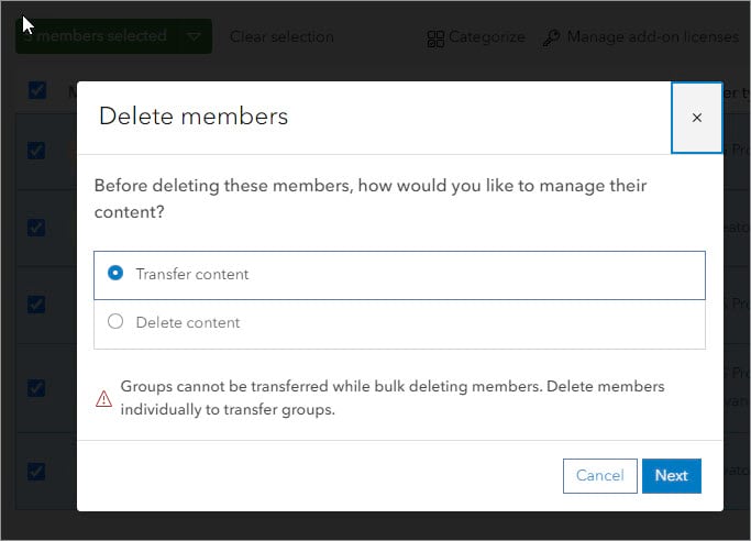 Delete members window with option to Transfer content selected