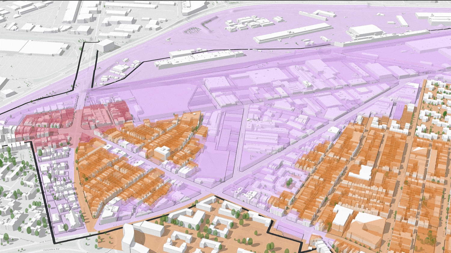 3D envelopes in ArcGIS Urban cast over several 3D buildings.
