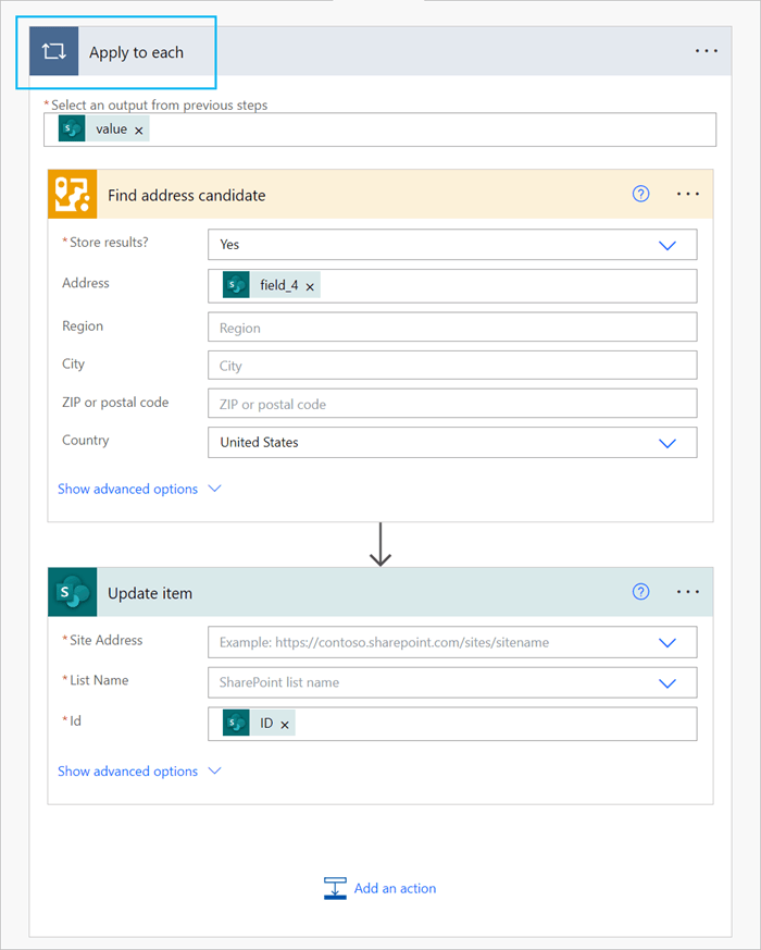 Find address candidate and Update item actions enclosed in an Apply to each action