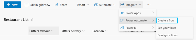 Create a flow option in the Power Automate drop-down menu