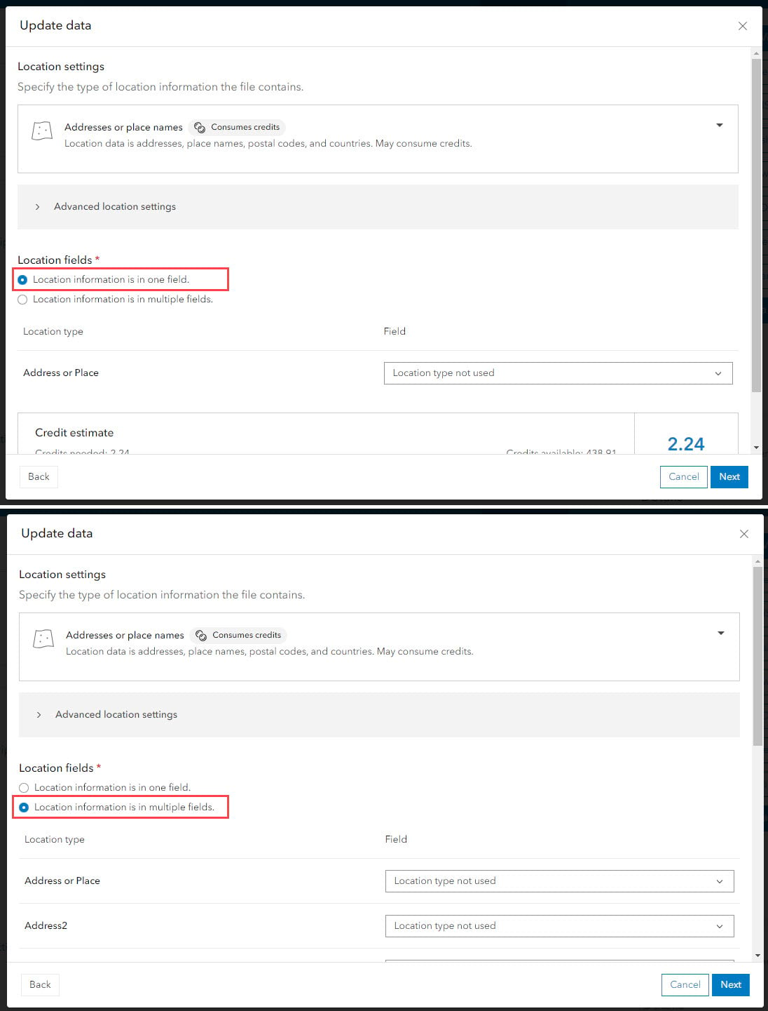 Single and multiple field address location settings in the Update Data workflow.