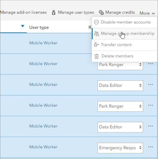 Filtered members list showing selected Mobile Worker members and Manage group membership option indicated