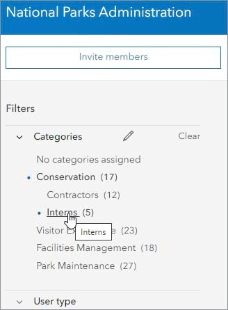 Filters pane with Categories filter expanded and Conservation > Interns selected