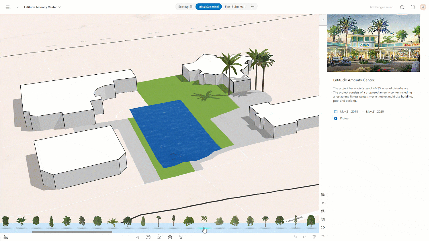 A project scenario webscene showing a small-scale redevelopment project and the placement of 3D trees.