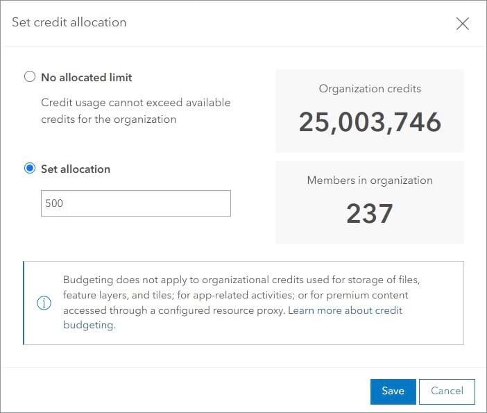 Set credit allocation window with Set allocation option selected and 500 entered