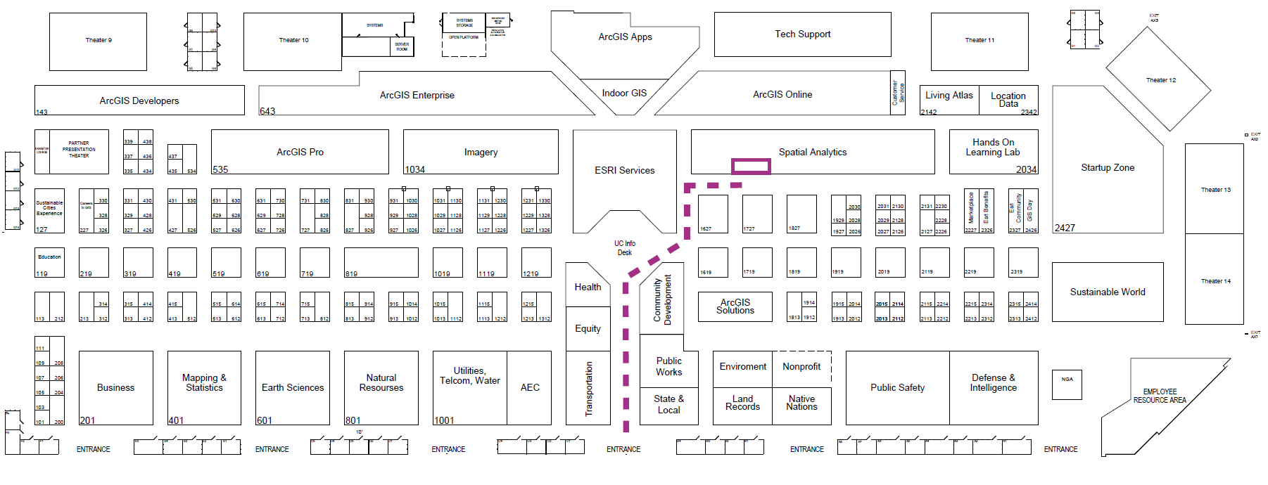 Floor map of the location of the Spatial Statistics kiosks at the 2023 User Conference Expo. From the entrance, walk straight to the UC Info Desk, turn right and then make an immediate left along the right side of the Esri Services area. The Spatial Statistics, R-ArcGIS Bridge, Data Engineering, and Geostatistical Analyst kiosks are within the Spatial Analytics island.