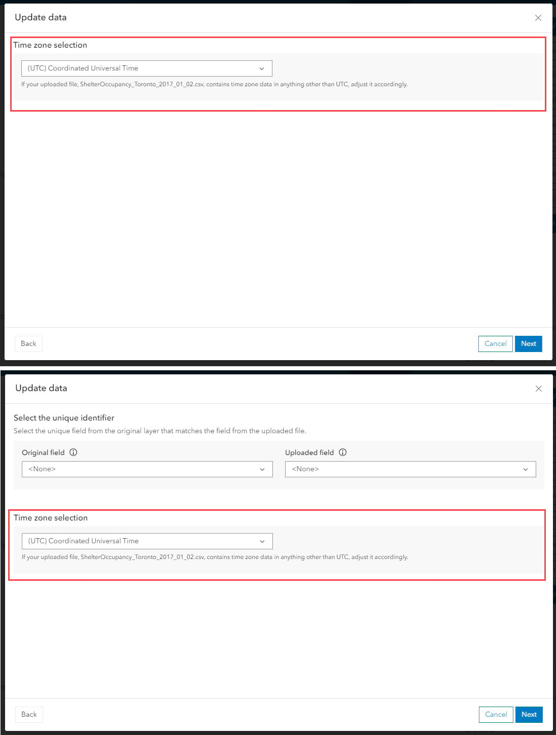 Time zone selection options for the Update Data workflow.