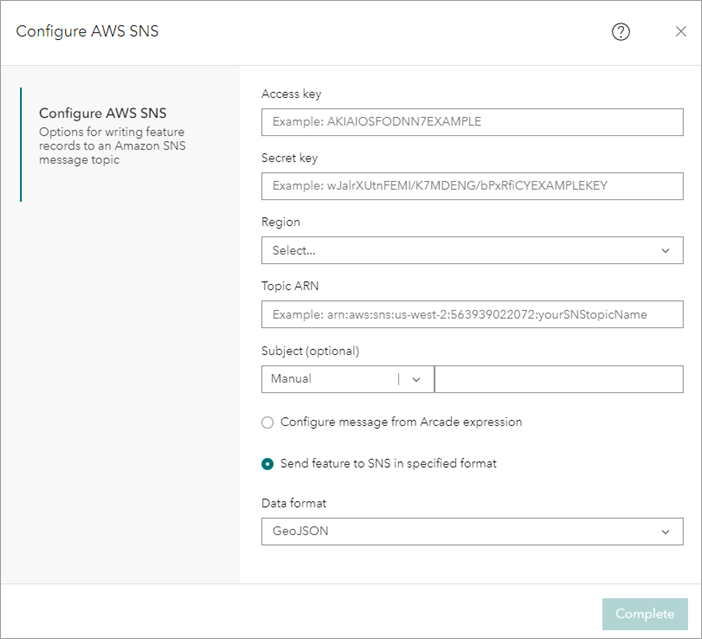 Amazon SNS output in ArcGIS Velocity