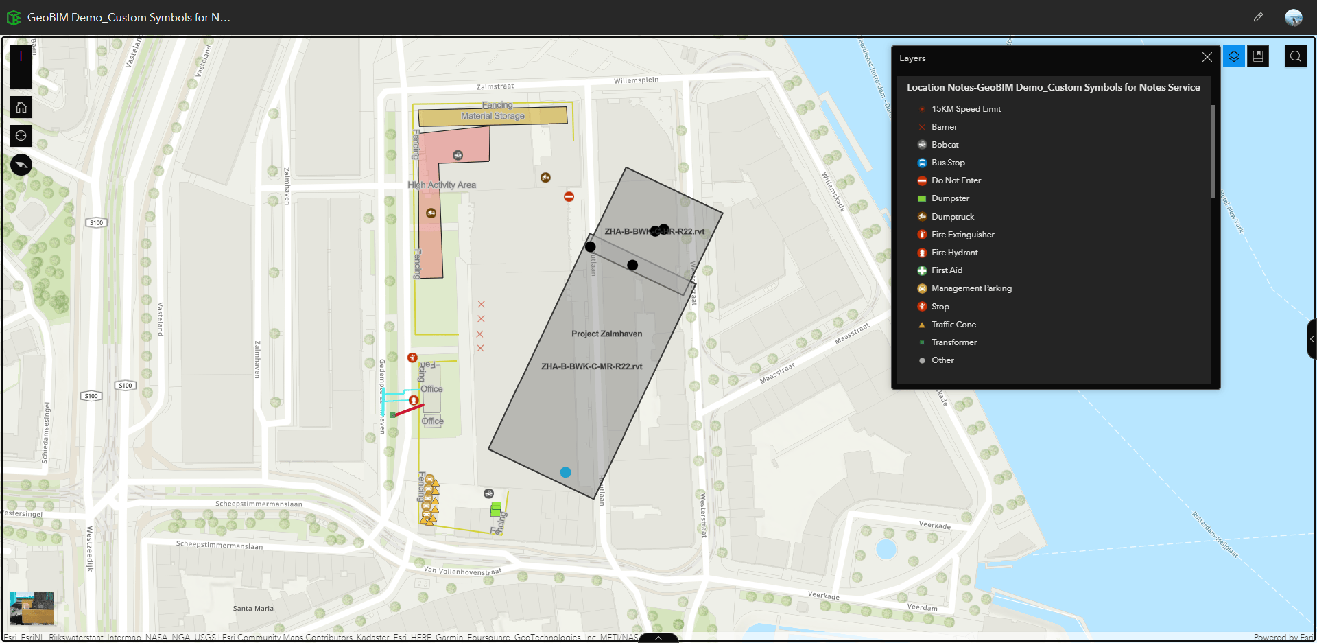 A 2D Overview of a project site in GeoBIM. Unique symbology has been applied to the Notes layers.