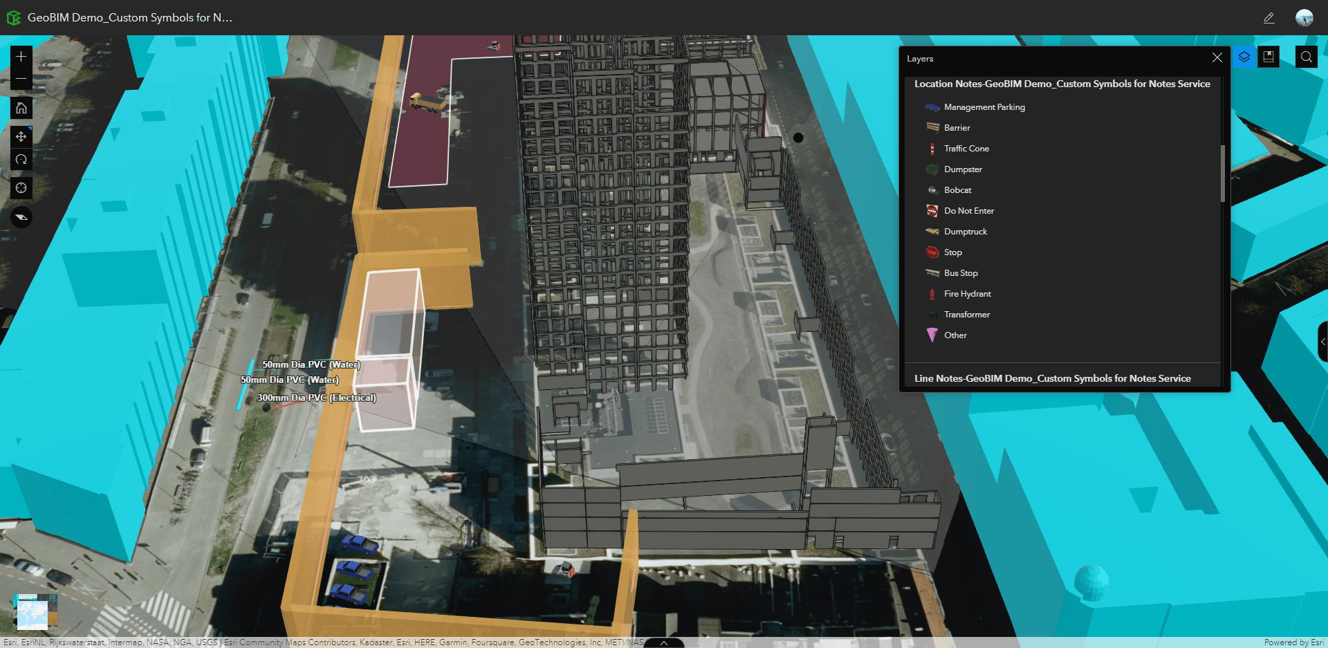 A 3D Overview of a project site in GeoBIM. Unique symbology has been applied to Notes layers.