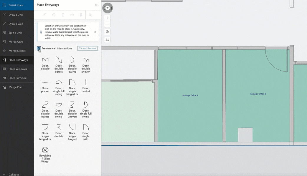 ArcGIS Indoors Floor Plan Editor adds a new entryway to a room on an indoor map