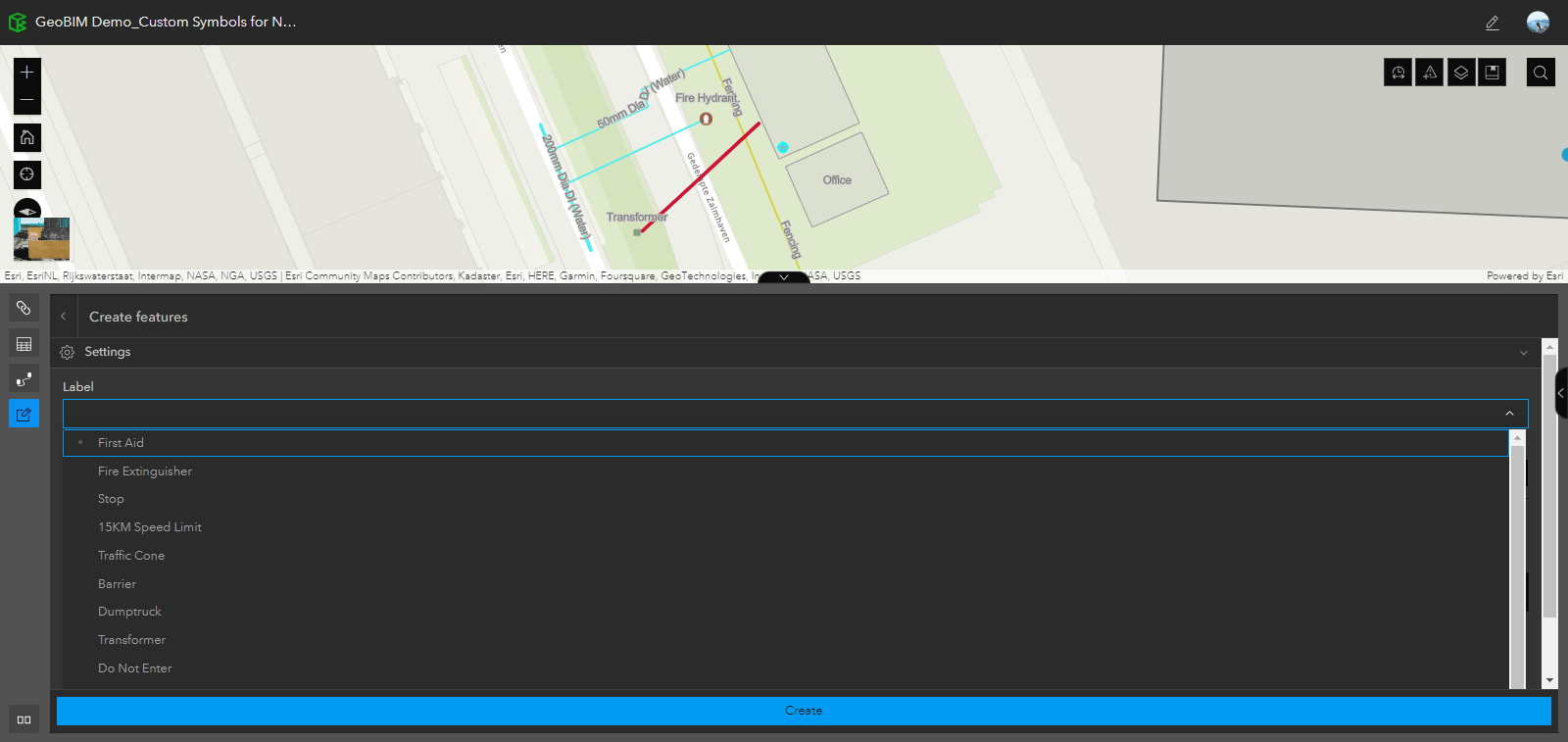 Label drop-down menu within GeoBIM's Editor tool shows the list of values created within the feature service.