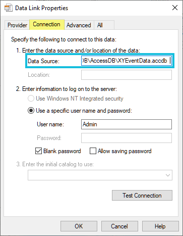 From the Connection tab on the Data Link Properties dialog box, the full path to a .accdb file is shown for the Data Source.